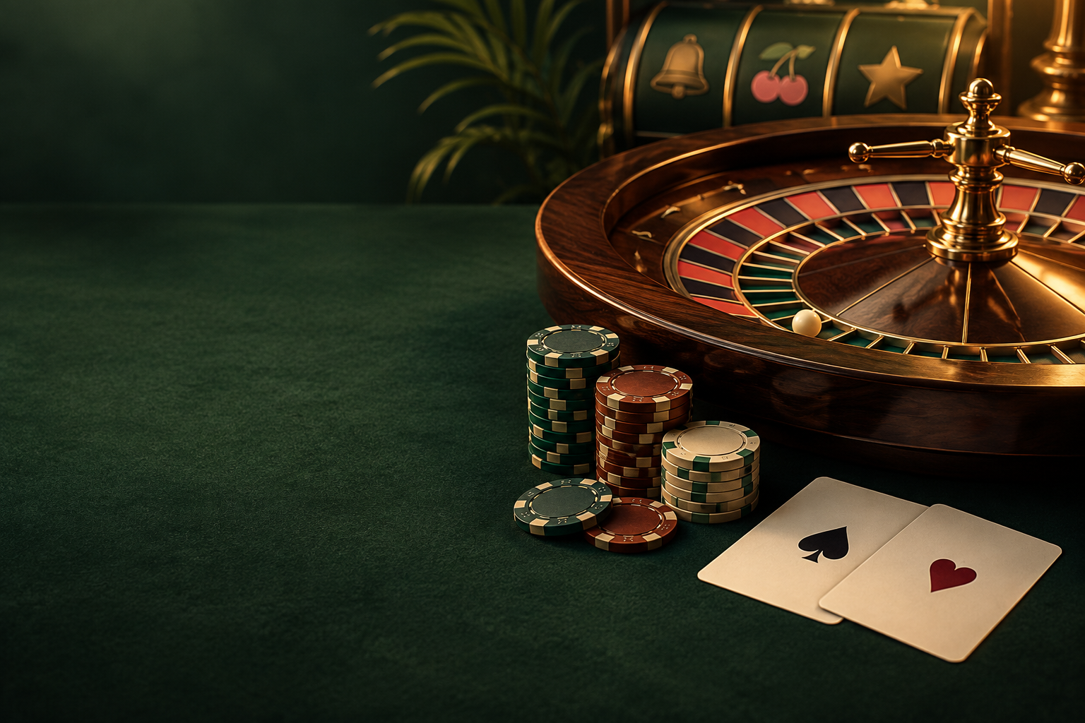Ilustrasi meja roulette, kartu dan keping kasino